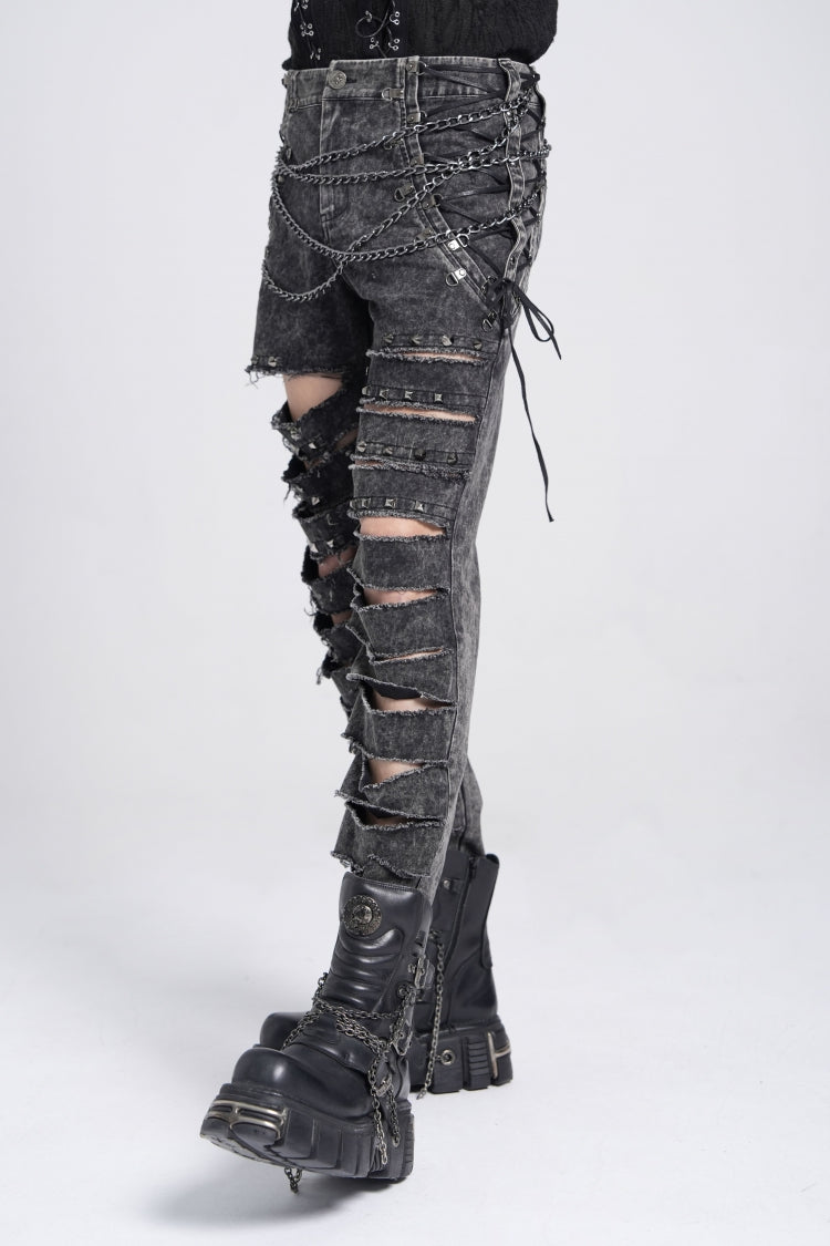 Black Ripped Rivet Men's Punk Pants with Chain