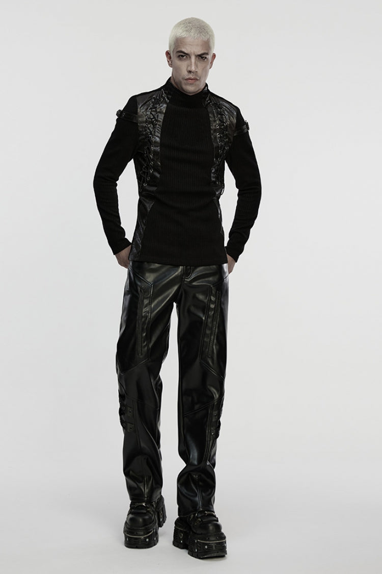 Black Stand Collar Long Sleeves Spliced Buckled Strappy Men's Punk Top