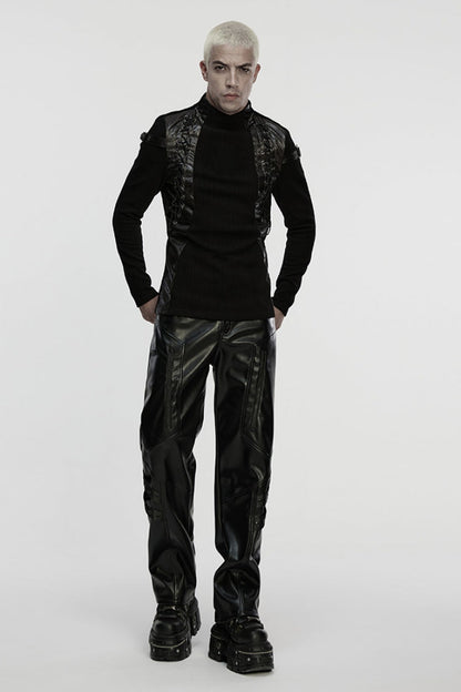Black Stand Collar Long Sleeves Spliced Buckled Strappy Men's Punk Top