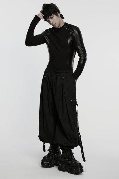 Black Round Collar Long Sleeves Spliced Eyelet Men's Punk T-Shirt