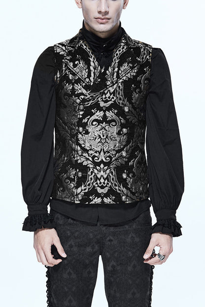 Black/Silver Palace Short Big Jacquard Pattern Men's  Gothic Waistcoat