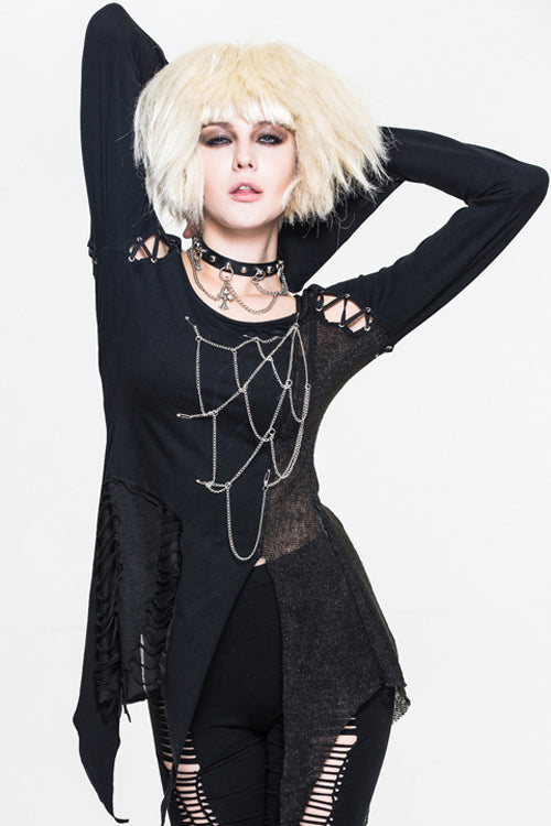Black Sexy Asymmetrically Broken Holes Spiderweb Shape Chains Women Punk T-Shirt