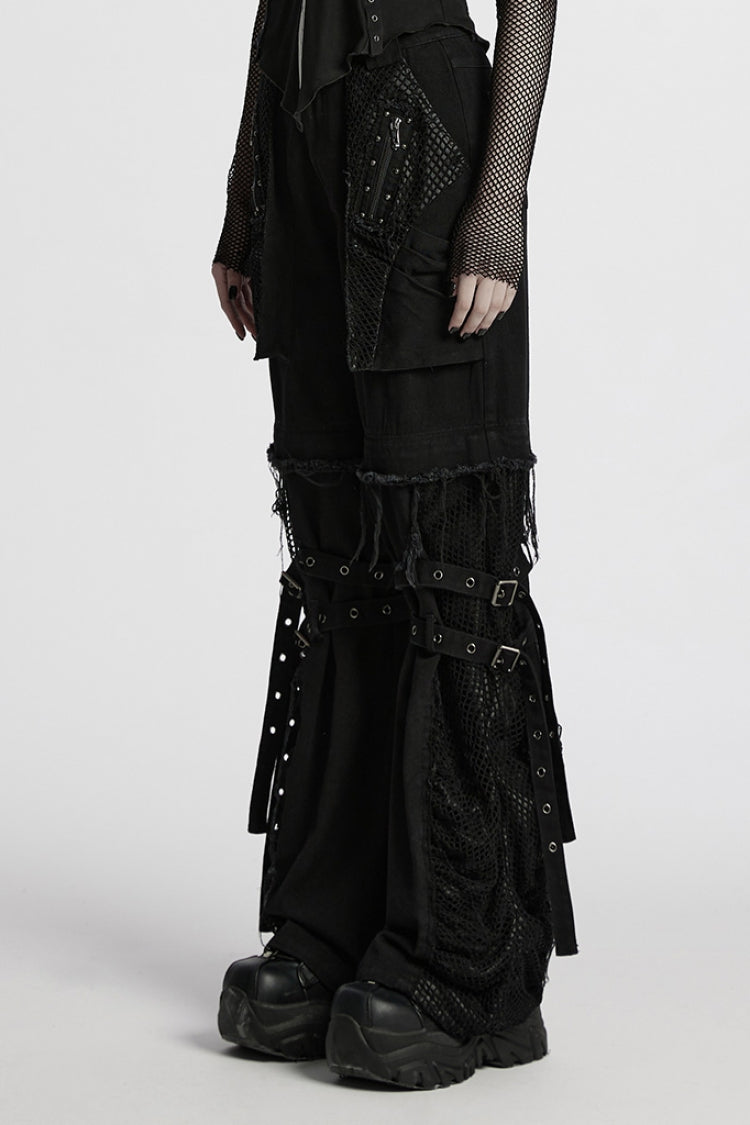 Black Stitching Mesh Unedged Detachable Women's Punk Pants