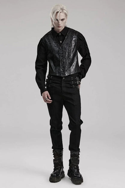Black V Collar Sleeveless Exquisitely Carved Floral Print Faux Leather Mens Gothic Vest