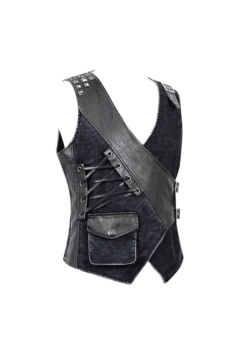 Black V Neck Asymmetric Lace Up Leather Loop Shoulder Rivet Corduroy Men's Punk Waistcoat