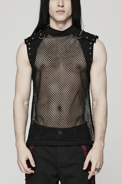 High Collar Sleeveless Rivet Decoration Sheer Mesh Men's Steampunk Vest 2 Colors