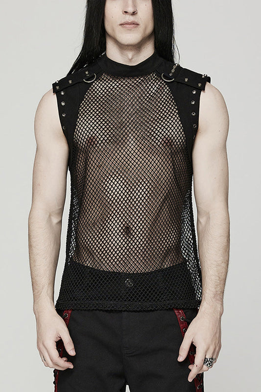 High Collar Sleeveless Rivet Decoration Sheer Mesh Men's Steampunk Vest 2 Colors