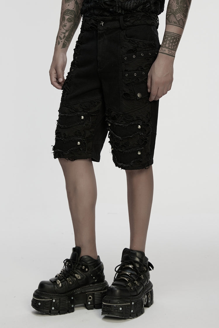 Black Ripped Eyelet Straps Men's Gothic Shorts