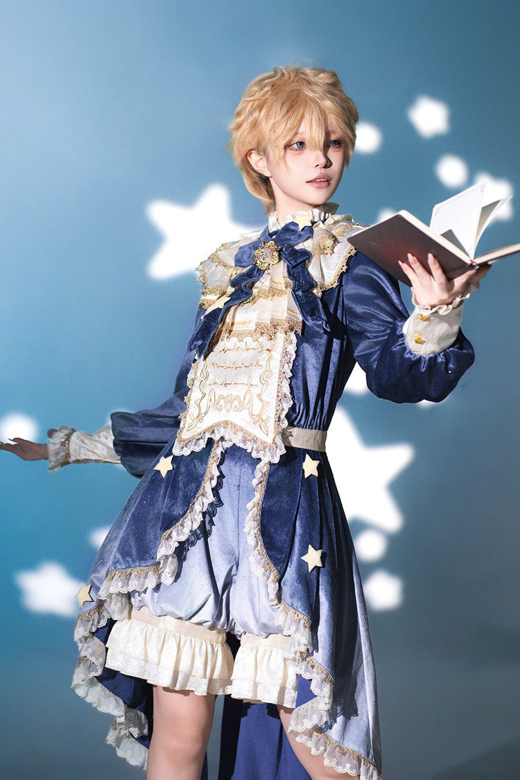 Blue Long Sleeves Ombre Ruffled Bow Ouji Gothic Lolita Swallowtail Dress Shorts Set