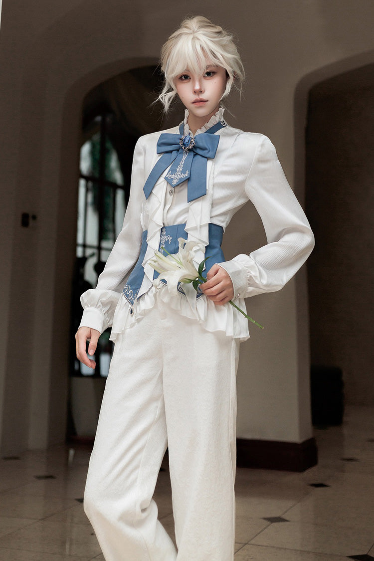 White [Moonlit Paladin Prince] Ruffle Embroidery Bowknot Classic Prince Handsome Ouji Lolita Set