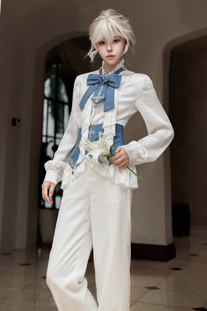 White [Moonlit Paladin Prince] Ruffle Embroidery Bowknot Classic Prince Handsome Ouji Lolita Set