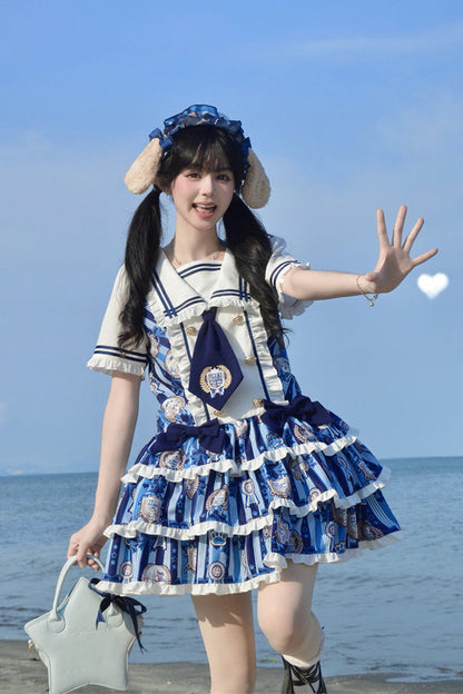 Blue [Glory of the Dog] Navy Collar Short Sleeves Low Waisted Triple-Layered Printed Ruffled Bow Sweet Lolita Dress