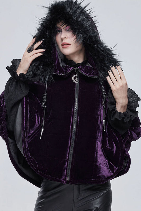 Purple Gothic Quilted Velvet Collar Crescent Pendant Zipper Warm Women's Shawl
