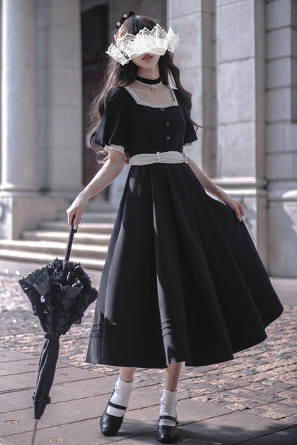 Black [Random Thoughts] Square Collar Short Sleeves Ruffle Classic Vintage Elegant Lolita Dress