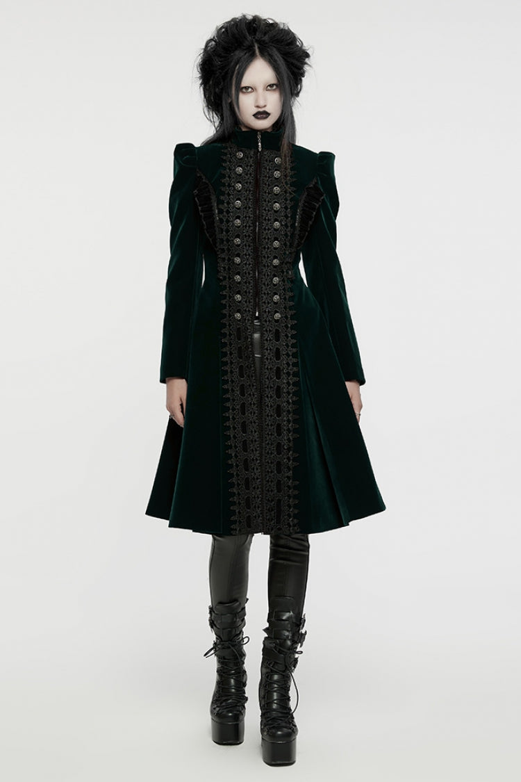 Black/Green Long Puff Sleeves Floral Embroidery Women's Gothic Coat