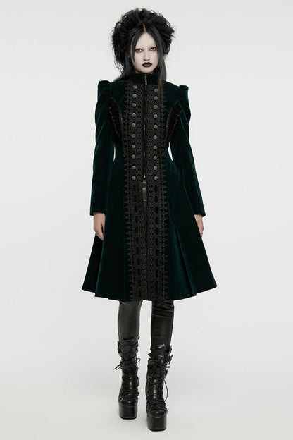 Black/Green Long Puff Sleeves Floral Embroidery Women's Gothic Coat