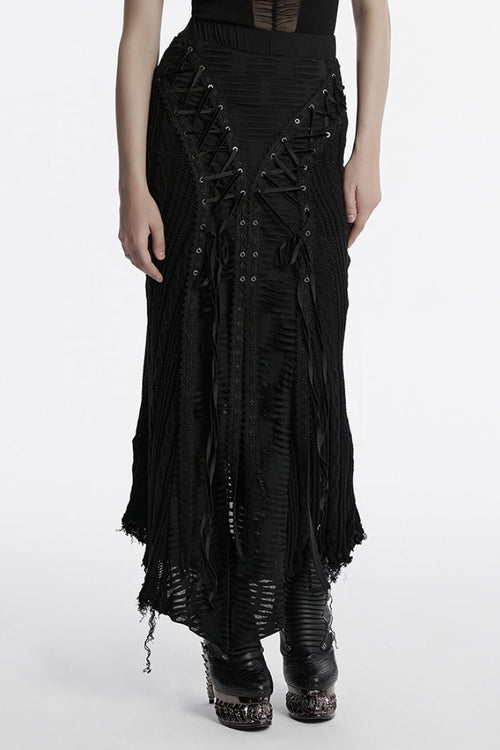 Black Ripped Lace-up Women's Gothic Knitted Skirt