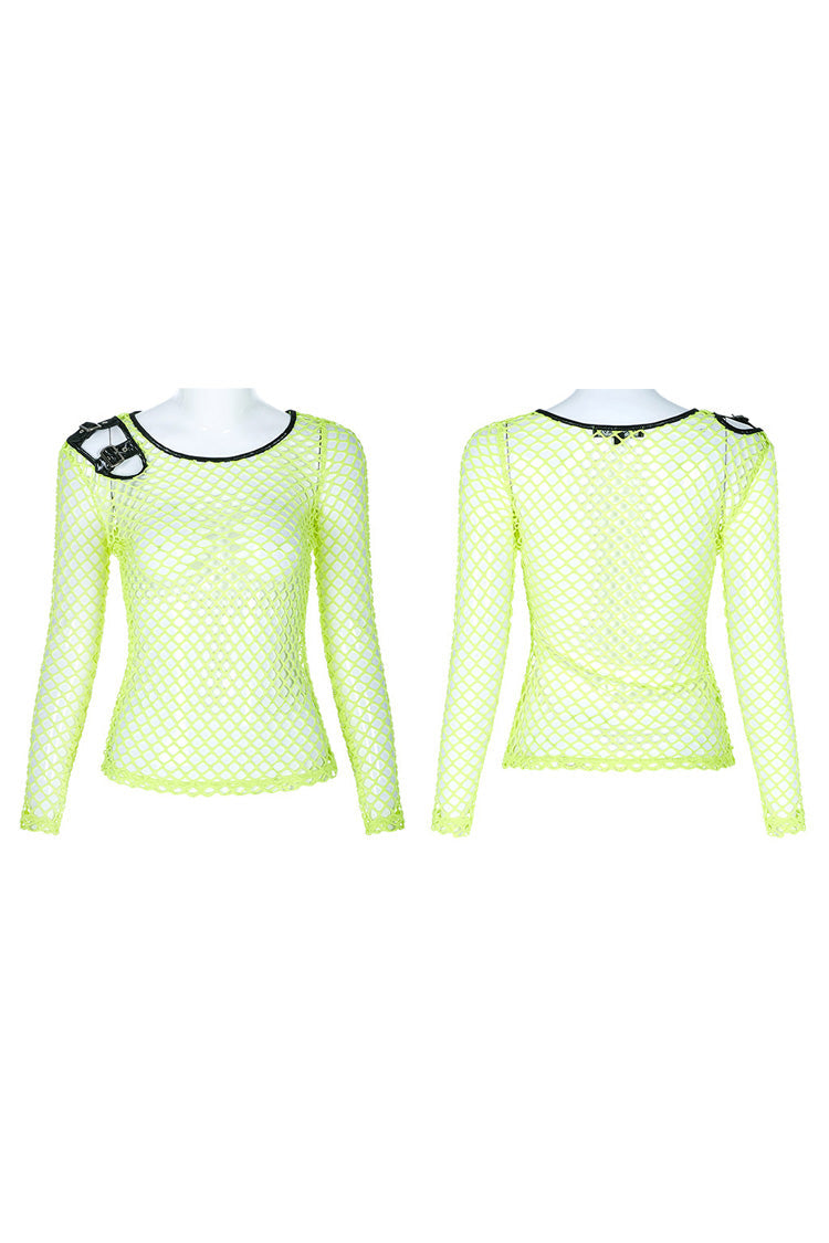 Green Long Sleeve Round Collar Shoulder Hollow Out Leather Hasp Coarse Mesh Women's Punk T-Shirt