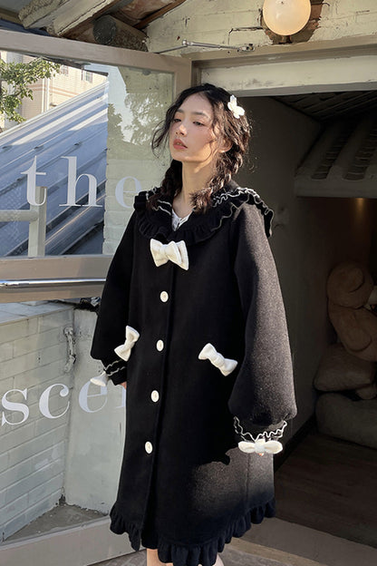 Black [Bouquet Bear] Doll Collar Long Sleeves Ruffle Bowknot Princess Lolita Coat