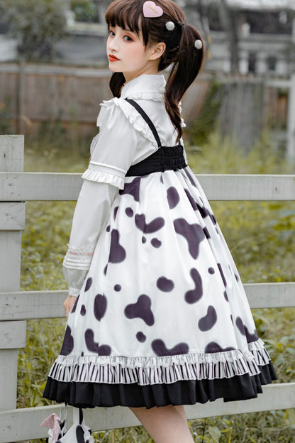 Black/White High Waist Ruffled Milk Pudding Printed Sweet Lolita Jsk Dress