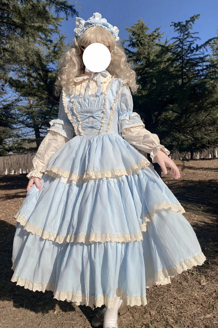 Blue Lapel Collar Long Sleeves High Waisted Multi-layer Bowknot Sweet Lolita Dress