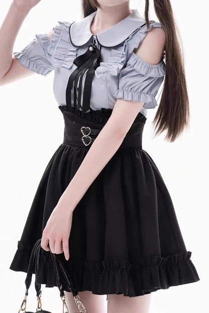 Black/Blue Off Shoulder Short Sleeves Ruffle Bowknot Sweet Jirai Kei Japanese Set