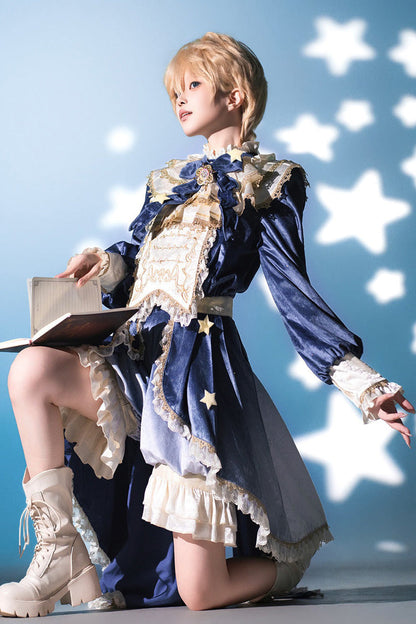 Blue Long Sleeves Ombre Ruffled Bow Ouji Gothic Lolita Swallowtail Dress Shorts Set