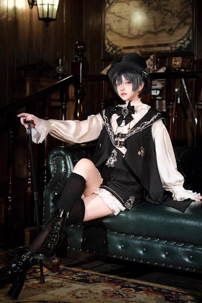 Black [Rabbit-Ear Meteorite] Stand Collar Long Sleeves Ruffled Embroidered Bow Gothic Ouji Lolita Shorts Vest Set