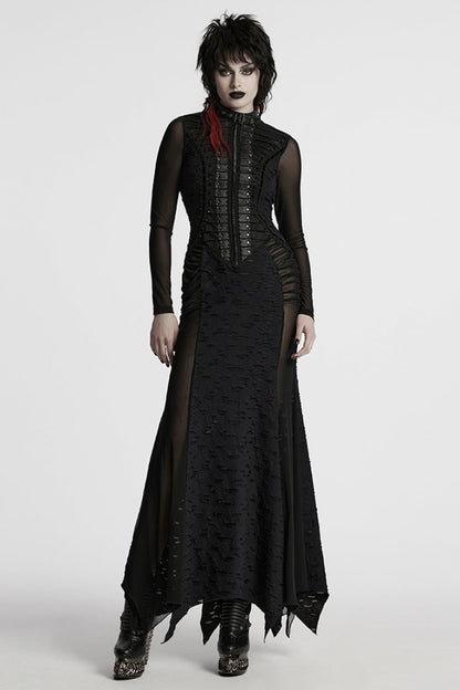 Black Stand Collar Long Sleeves Stitching Mesh Ripped Women's Punk Fishtailed Dress