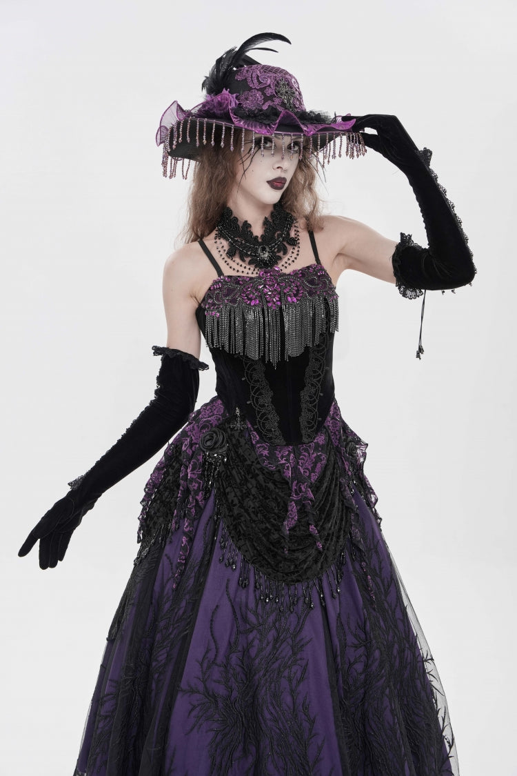 Black/Purple Lace-Up Women's Gothic Embroidered Tassels  Overbust Corset