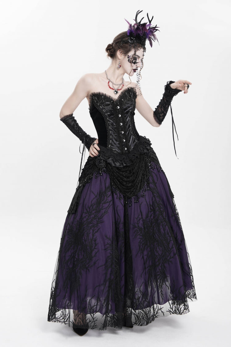 Black Sleeveless Beaded Lace Lace-Up Women's Gothic Overbust Corset