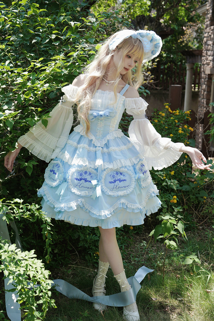 Blue [Butterfly Dream] Multi-Layered Print Ruffle Bowknot Sweet Princess Lolita Jsk Dress