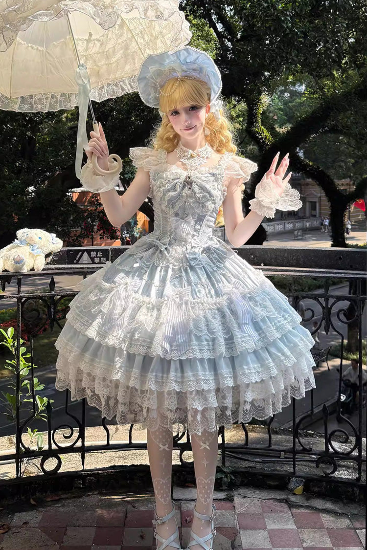 Blue [Moonlit Sakura Ode] Sleeveless Multi-Layered Ruffled Bow Lace Sweet Lolita Dress