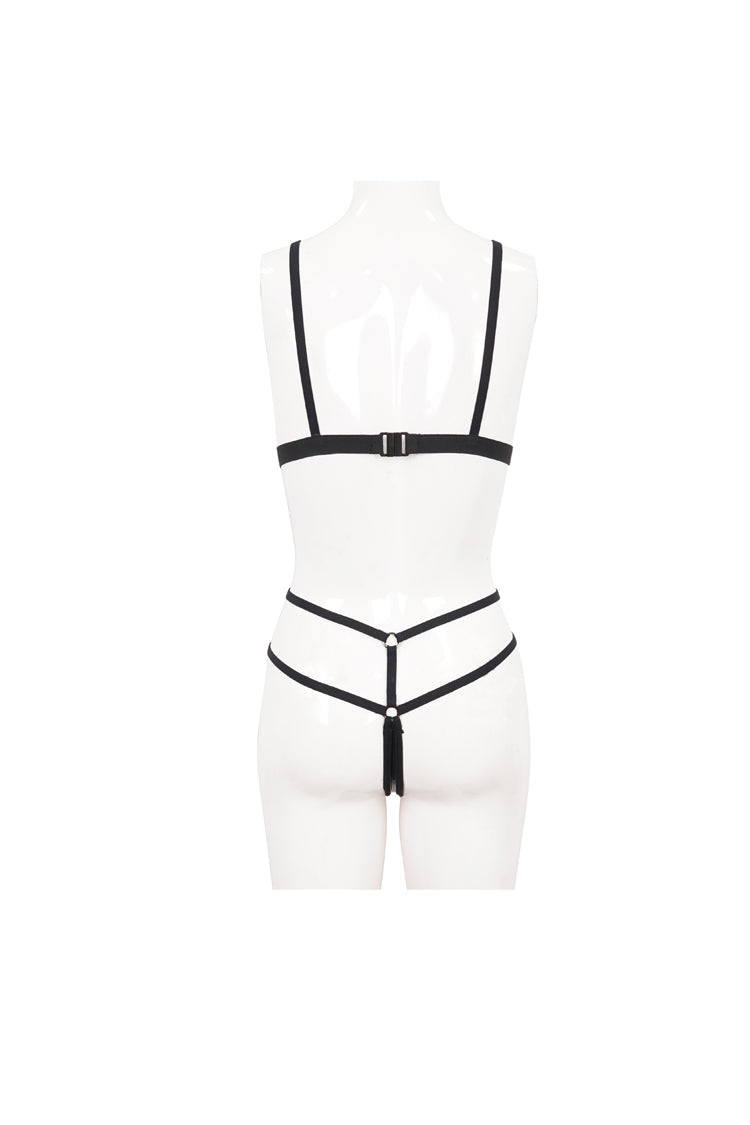 Black Stretch Magic Bright Leather Rope Women's Punk Interesting Underwear Set