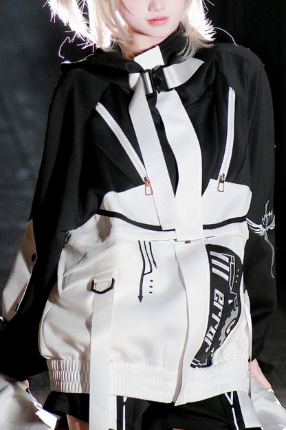 Black/White [Zero-Type Transformation] Techwear Long Sleeves Embroidered Hooded Punk Jirai Kei Shorts Coat Set