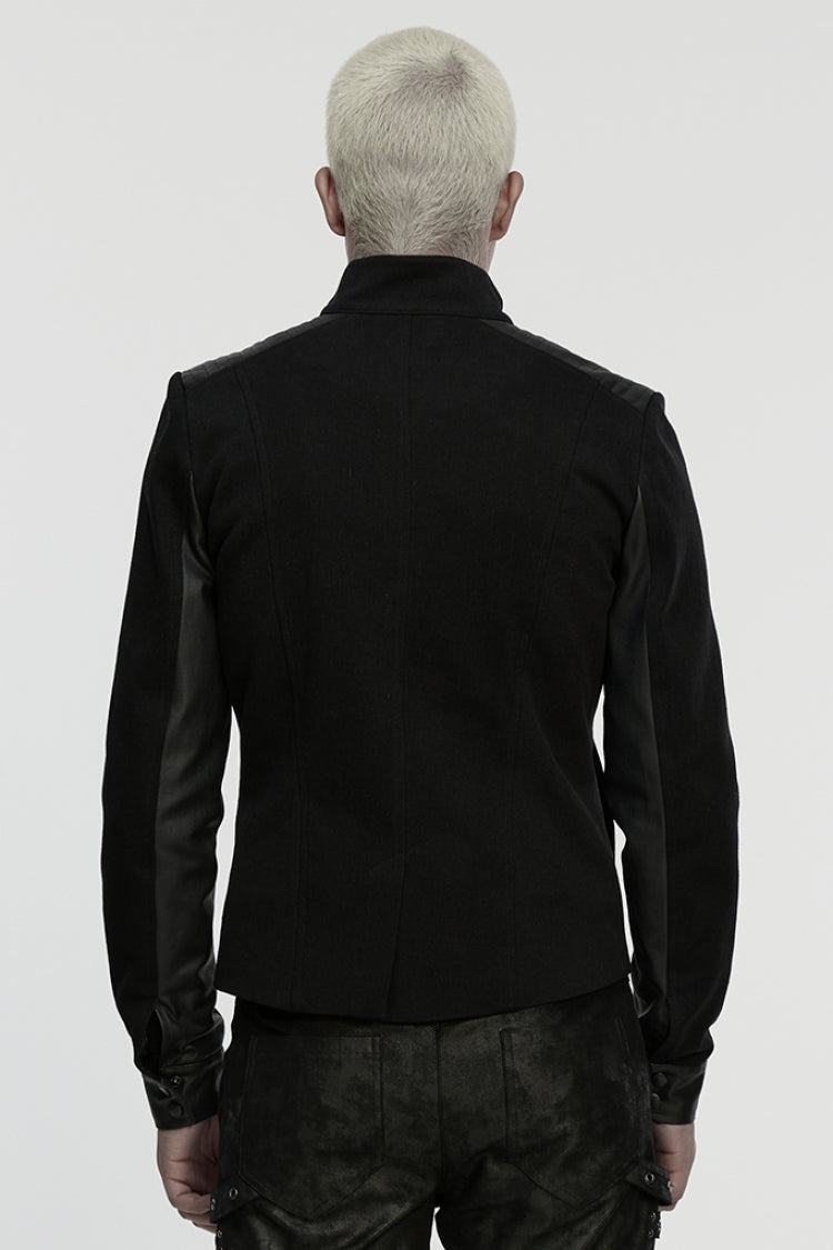 Black Stand Collar Long Sleeves Zipper Pleated Men's Punk Jacket