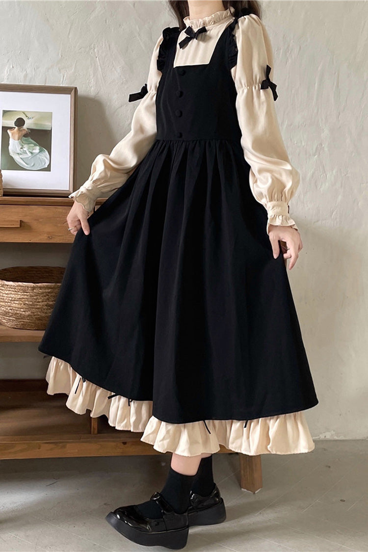 Black/Apricot Japanese Long Puff Sleeves Ruffle Bowknot Sweet Lolita Dress 2 Colors
