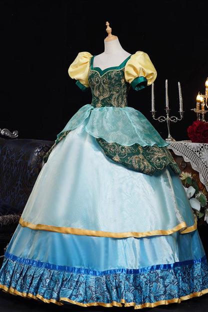 Blue/Green Square Collar Short Lantern Sleeves Multi-Layered Ruffled Embroidered Lace Gothic Vintage Princess Palace Lolita Victorian Dress