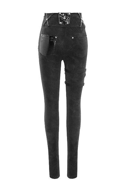 Black Punk Leather Loops Asymmetric Knitted Stretch Womens Pants