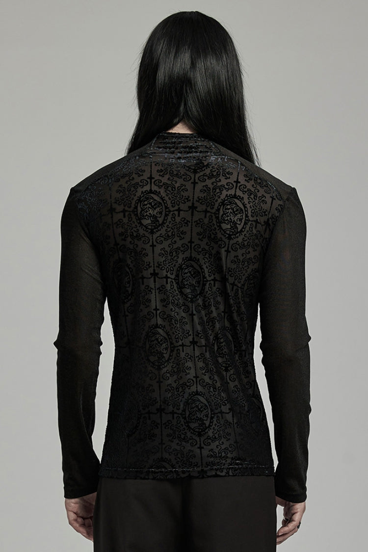 Black Stand Collar Long Sleeves Embroidery Cross Flocking Men's Gothic Blouse