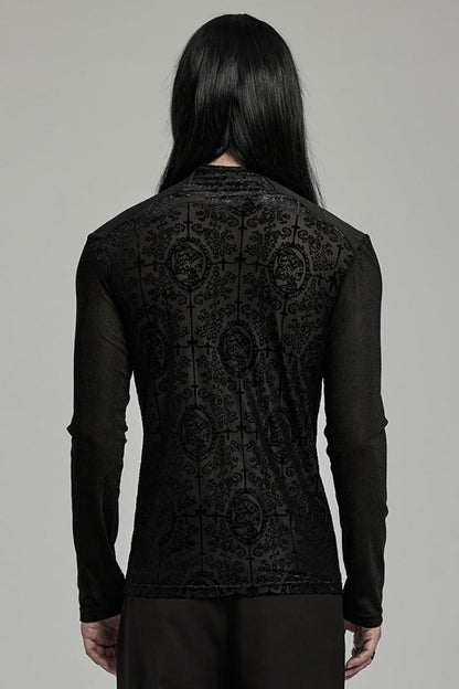 Black Stand Collar Long Sleeves Embroidery Cross Flocking Men's Gothic Blouse