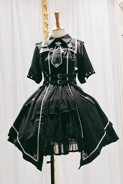 Black [Sunset Universe] Short Sleeves Cardigan Lace Gothic Military Handsome Lolita Dress Full Set