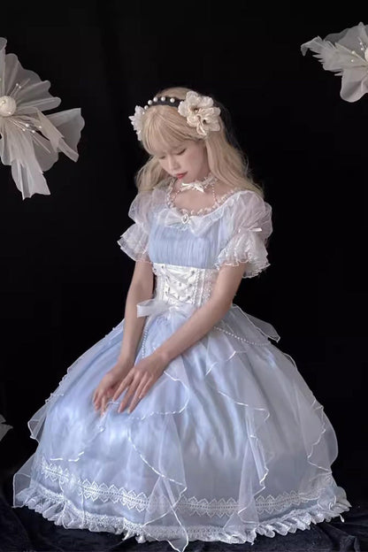 Blue Short Sleeves Ruffle Hanayome Sweet Mermaid Princess Lolita Dress