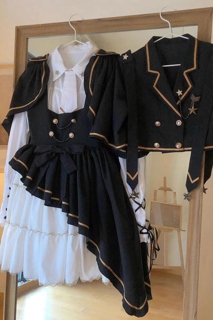 Black/White [Commander] Long Sleeves Ruffle Bowknot Irregular Sweet Lolita Dress Coat Cloak Set