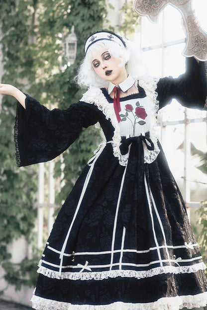 Black [Rose Choir] Double-Layered Ruffle Embroidery Bowknot Lace Gothic Elegant Nun Lolita Dress