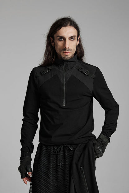 Black Stand Collar Long Sleeves Techwear Bucket-up Zip Men's Punk T-Shirt