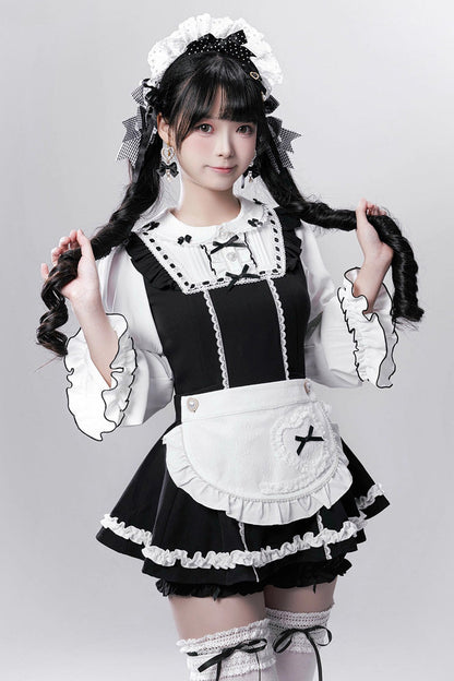 Black/White [Showcase Doll] Japanese Maid-Style Long Sleeves Ruffle Bowknot Jirai Kei Japanese Dress Shorts Set with Detachable Apron