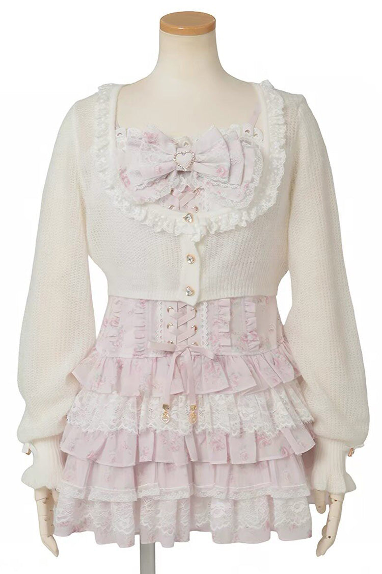 Jirai Kei Long Sleeves Multi-Layered Printed Ruffled Bow Sweet Dress 3 Colors
