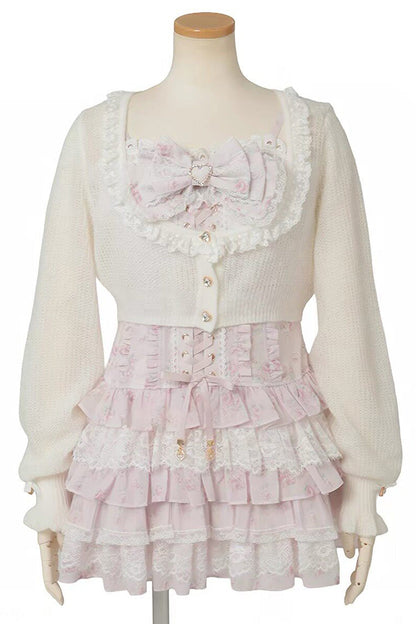 Jirai Kei Long Sleeves Multi-Layered Printed Ruffled Bow Sweet Dress 3 Colors