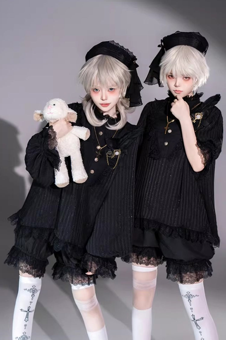 Black Stand Collar Long Short Sleeves Printed Ruffled Lace Gothic Ouji Lolita Set 2 Versions